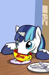 Size: 663x1024 | Tagged: safe, anonymous editor, artist:muffinshire, edit, imported from derpibooru, shining armor, pony, unicorn, /mlp/ tf2 general, bomb ass tea, bonk atomic punch, cropped, cute, flower, flower pot, fork, knife, male, plate, saucer, shining adorable, solo, stallion, table, team fortress 2, window, wood