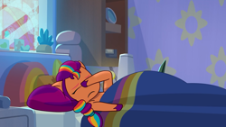 Size: 2048x1152 | Tagged: safe, imported from derpibooru, screencap, sunny starscout, earth pony, pony, spoiler:g5, spoiler:my little pony: tell your tale, spoiler:tyts01e04, bed, g5, my little pony: tell your tale, nightmare roommate, rubbing eyes, sleeping