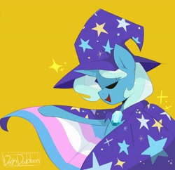 Size: 5500x5330 | Tagged: safe, artist:darkdoubloon, imported from derpibooru, trixie, pony, unicorn, cape, clothes, eyes closed, hat, pride, pride flag, simple background, solo, trans trixie, transgender, transgender pride flag, trixie's cape, trixie's hat, yellow background