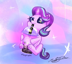 Size: 2179x1951 | Tagged: safe, artist:slightningdash, imported from derpibooru, starlight glimmer, pony, unicorn, bubble tea, chibi, cute, drink, drinking, drinking straw, female, glimmerbetes, mare, sipping, smol