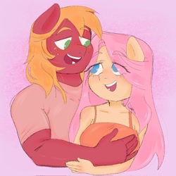 Size: 2045x2048 | Tagged: safe, alternate version, artist:jossie_jayjay, imported from derpibooru, big macintosh, fluttershy, anthro, earth pony, pegasus, breasts, busty fluttershy, eye clipping through hair, female, fluttermac, looking at each other, looking at someone, male, mare, no pupils, shipping, stallion, straight, textless version