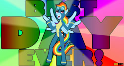 Size: 1988x1059 | Tagged: safe, artist:hentaiboy, imported from derpibooru, rainbow dash, anthro, pegasus, unguligrade anthro, 2011, arm hooves, breasts, clothes, female, g4, looking up, open mouth, open smile, smiling, solo, spread wings, tail, tight clothing, uniform, wings, wonderbolts uniform