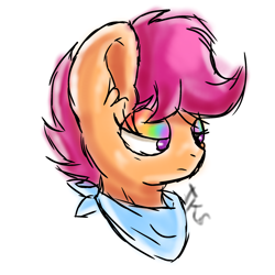 Size: 2048x2048 | Tagged: safe, artist:taeko, derpibooru exclusive, imported from derpibooru, scootaloo, pegasus, pony, 2023, bandana, bust, ear fluff, eyeshadow, female, filly, foal, frown, looking offscreen, makeup, rainbow eyeshadow, signature, simple background, sketch, solo, white background