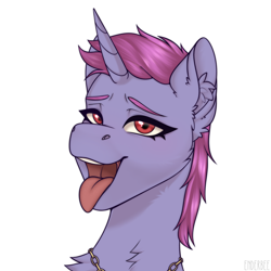Size: 2048x2048 | Tagged: safe, artist:enderbee, imported from derpibooru, pony, unicorn, bust, commission, ear fluff, female, horn, jewelry, necklace, oc name needed, portrait, red eyes, short hair, simple background, solo, tongue out, white background, ych result