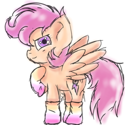Size: 2048x2048 | Tagged: safe, artist:taeko, derpibooru exclusive, imported from derpibooru, scootaloo, pegasus, pony, 2023, alternate cutie mark, clothes, ear fluff, female, hand on chest, lesbian pride flag, looking at you, pastel, pride, pride flag, raised hoof, signature, simple background, sketch, smiling, socks, solo, spread wings, standing, stockings, thigh highs, white background, wings