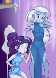 Size: 1152x1584 | Tagged: safe, artist:drantyno, imported from derpibooru, rarity, trixie, human, equestria girls, bare shoulders, blushing, clothes, dress, female, lesbian, rarixie, shipping, side slit, sleeveless, smiling, total sideslit, wide eyes