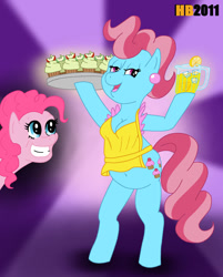 Size: 740x920 | Tagged: safe, alternate version, artist:hentaiboy, imported from derpibooru, cup cake, pinkie pie, anthro, earth pony, unguligrade anthro, 2011, abstract background, apron, arm hooves, bedroom eyes, belly button, breasts, busty cup cake, cleavage, clothes, cupcake, duo, duo female, female, food, g4, grin, juice, lemonade, looking at you, naked apron, open mouth, open smile, partial nudity, platter, smiling, solo focus, tray
