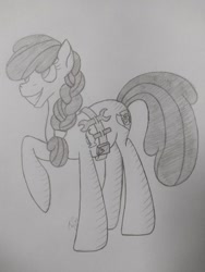 Size: 780x1040 | Tagged: safe, artist:thr3eguess3s, imported from derpibooru, apple bloom, earth pony, pony, alternate hairstyle, female, grin, hammer, mare, older, raised hoof, sketch, smiling, solo, toolbelt, traditional art, wrench