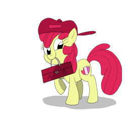 Size: 3000x3000 | Tagged: safe, artist:saberpen, imported from derpibooru, apple bloom, earth pony, pony, female, filly, foal, hat, looking at you, mouth hold, raised hoof, simple background, smiling, solo, toolbox, transparent background