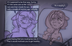 Size: 1107x705 | Tagged: safe, anonymous artist, imported from derpibooru, izzy moonbow, sunny starscout, earth pony, pony, unicorn, series:anorexic sunny, anorexia, bed, bracelet, braid, braided ponytail, crying, dialogue, duo, emaciated, female, floppy ears, g5, hospital bed, jewelry, mare, ponytail, sad, skinny, thin