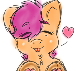 Size: 2048x1908 | Tagged: safe, artist:taeko, derpibooru exclusive, imported from derpibooru, scootaloo, pegasus, pony, 2023, :p, chest fluff, cute, cutealoo, eye clipping through hair, eyebrows, eyebrows visible through hair, eyelashes, eyes closed, female, filly, floating heart, foal, frog (hoof), heart, leaning on the fourth wall, simple background, sketch, smiling, solo, tongue out, underhoof, white background