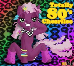Size: 633x568 | Tagged: safe, alternate version, artist:hentaiboy, imported from derpibooru, cheerilee, earth pony, pony, semi-anthro, 80s, 80s cheerilee, bedroom eyes, clothes, covering, covering crotch, female, g4, grin, leg warmers, looking at you, mare, neckerchief, sitting, smiling, solo, spread legs, spreading, wristband