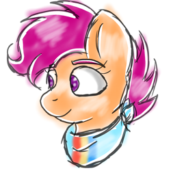 Size: 2048x2048 | Tagged: safe, artist:taeko, derpibooru exclusive, imported from derpibooru, scootaloo, pegasus, pony, 2023, bandana, bust, female, glossy, looking offscreen, mare, older, older scootaloo, simple background, sketch, smiling, solo, white background