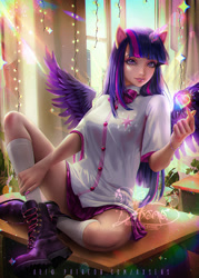 Size: 858x1200 | Tagged: safe, artist:axsens, imported from derpibooru, twilight sparkle, alicorn, anthro, human, alicorn humanization, boots, clothes, desk, eared humanization, female, grin, heart, horned humanization, humanized, light skin, magic, school uniform, shirt, shoes, skirt, smiling, socks, solo, twilight sparkle (alicorn), winged humanization