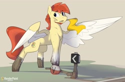 Size: 4096x2674 | Tagged: safe, artist:renderpoint, imported from derpibooru, oc, oc only, oc:render point, pegasus, pony, boots, concave belly, dirty, flag, male, mouth hold, pegasus oc, shoes, solo, spread wings, stallion, two toned wings