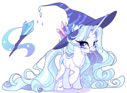 Size: 1537x1126 | Tagged: safe, artist:gihhbloonde, imported from derpibooru, oc, oc only, pony, unicorn, female, glasses, hat, horn, long horn, magical lesbian spawn, mare, offspring, parent:rarity, parent:trixie, parents:rarixie, solo, unicorn oc, witch hat