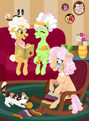 Size: 2480x3344 | Tagged: safe, artist:kabuvee, imported from derpibooru, apple bloom, apple rose, applejack, auntie applesauce, big macintosh, goldie delicious, cat, pony, couch, knitting, knitting needles, rocking chair, yarn, yarn ball