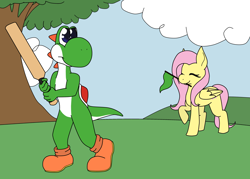 Size: 2898x2070 | Tagged: safe, artist:leafywolf, imported from derpibooru, fluttershy, pegasus, pony, yoshi, baseball bat, duo, eyelashes, eyes closed, female, flag, mare, mouth hold, outdoors, raised hoof, super mario bros., tree