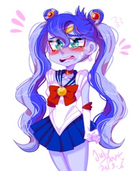 Size: 1080x1350 | Tagged: safe, artist:jully-park, imported from derpibooru, princess luna, human, equestria girls, blushing, clothes swap, cute, digital art, embarrassed, humanized, legs together, lunabetes, pigtails, sailor moon, sailor scout, simple background, solo, sweat, sweatdrop, twintails, white background