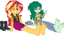 Size: 8196x4597 | Tagged: safe, artist:n0kkun, edit, imported from derpibooru, sunset shimmer, wallflower blush, human, equestria girls, equestria girls series, forgotten friendship, barefoot, blushing, boots, clothes, feet, fetish, foot fetish, foot focus, freckles, g4, grin, looking at you, nails, one eye closed, shoes, show accurate, simple background, smiling, soles, solo, transparent background, vector, wink, winking at you