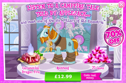 Size: 1962x1302 | Tagged: safe, imported from derpibooru, rockhoof, earth pony, pony, advertisement, beard, bush, clothes, costs real money, crystal, english, facial hair, fire, gameloft, gem, headband, male, mobile game, my little pony: magic princess, numbers, official, sale, solo, solo focus, stallion, text, unshorn fetlocks