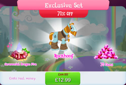 Size: 1270x858 | Tagged: safe, imported from derpibooru, rockhoof, earth pony, pony, beard, bundle, bush, clothes, costs real money, crystal, english, facial hair, fire, gameloft, gem, headband, male, mobile game, my little pony: magic princess, numbers, official, sale, solo, solo focus, stallion, text, unshorn fetlocks