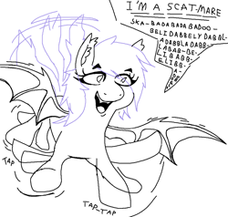 Size: 3144x2988 | Tagged: safe, artist:djsleepyhooves, imported from derpibooru, bat pony, pony, bat wings, dancing, fangs, female, lineart, mare, motion lines, scatman john, simple background, solo, speech bubble, tail, tail wag, white background, wings