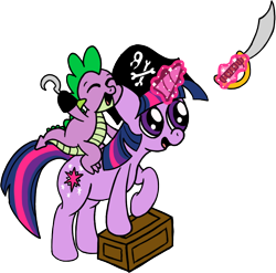 Size: 880x868 | Tagged: safe, artist:aprilfools, spike, twilight sparkle, dragon, pony, unicorn, /bale/, crate, cutlass, eyes closed, female, hat, hook, horn, magic, male, mare, open mouth, pirate, pirate hat, pirate hook, raised hoof, riding a pony, simple background, skull and crossbones, sword, telekinesis, transparent background, unicorn twilight, weapon