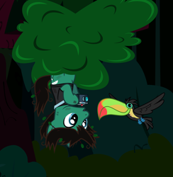 Size: 2012x2059 | Tagged: safe, artist:lightningbolt, derpibooru exclusive, imported from derpibooru, bird, earth pony, keel-billed toucan, pony, toucan, .svg available, beak, bring me the horizon, camera, clothes, hanging, hanging upside down, hoof hold, leaves, male, messy mane, messy tail, open mouth, outdoors, photography, ponified, shirt, solo, spread wings, stallion, svg, t-shirt, tail, tom sykes, tree, upside down, vector, wings
