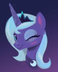 Size: 2439x3000 | Tagged: safe, artist:fladdrarblyg, imported from derpibooru, princess luna, alicorn, pony, blushing, bust, crown, gradient background, jewelry, one eye closed, regalia, smiling, solo, wink