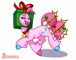 Size: 1250x1000 | Tagged: safe, artist:zendoratpw, imported from derpibooru, pinkie pie, earth pony, pony, christmas, christmas lights, colored hooves, eyes closed, holiday, present, simple background, smiling, solo, white background