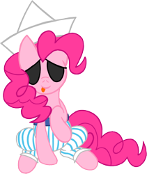 Size: 642x762 | Tagged: safe, artist:aprilfools, pinkie pie, earth pony, pony, /bale/, clothes, eyepatch, female, hat, mare, pants, sitting, solo, tongue out