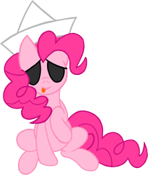 Size: 642x762 | Tagged: safe, artist:aprilfools, pinkie pie, earth pony, pony, /bale/, clothes, eyepatch, female, hat, mare, sitting, solo, tongue out