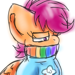 Size: 2048x2048 | Tagged: safe, artist:taeko, derpibooru exclusive, imported from derpibooru, scootaloo, anthro, pegasus, 2023, clothes, female, folded wings, lidded eyes, rainbow scarf, scarf, simple background, sketch, solo, standing, striped scarf, sweater, white background, wings