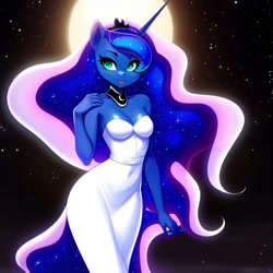 Size: 3072x3072 | Tagged: safe, imported from derpibooru, princess luna, anthro, ai content, ai generated, breasts, clothes, dress, female, generator:purplesmart.ai, generator:stable diffusion, smiling, solo, strapless, strapless dress, white dress