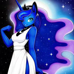 Size: 3072x3072 | Tagged: safe, imported from derpibooru, princess luna, anthro, ai content, ai generated, breasts, female, generator:purplesmart.ai, generator:stable diffusion, side slit, smiling, solo, white dress