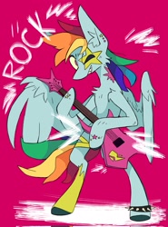 Size: 1513x2048 | Tagged: safe, artist:volchok, imported from derpibooru, rainbow dash, pegasus, pony, bipedal, female, guitar, mare, musical instrument, one eye closed, solo, spread wings, wings