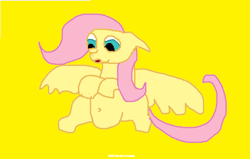 Size: 1468x934 | Tagged: safe, artist:coltfan97, imported from derpibooru, fluttershy, pegasus, pony, 1000 hours in ms paint, belly, belly button, chubby, simple background, solo, yellow background