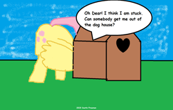 Size: 1468x934 | Tagged: safe, artist:coltfan97, imported from derpibooru, fluttershy, pegasus, pony, 1000 hours in ms paint, butt, comic sans, doghouse, flutterbutt, large butt, stuck