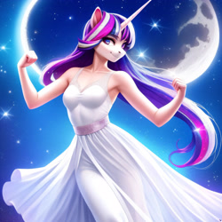 Size: 3072x3072 | Tagged: safe, imported from derpibooru, twilight sparkle, anthro, ai content, ai generated, breasts, dancing, female, generator:purplesmart.ai, generator:stable diffusion, smiling, solo, white dress