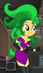 Size: 424x718 | Tagged: safe, imported from derpibooru, screencap, mane-iac, sunset shimmer, human, equestria girls, movie magic, spoiler:eqg specials, clothes, costume, cropped, eyebrows, female, frown, solo, wig
