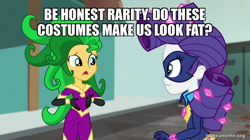 Size: 800x448 | Tagged: safe, edit, edited screencap, imported from derpibooru, screencap, mane-iac, radiance, rarity, sunset shimmer, human, equestria girls, movie magic, spoiler:eqg specials, caption, clothes, costume, image macro, makeameme.org, power ponies, text, wig
