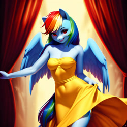 Size: 3072x3072 | Tagged: safe, imported from derpibooru, rainbow dash, anthro, ai content, ai generated, breasts, clothes, dress, female, generator:purplesmart.ai, generator:stable diffusion, smiling, solo, strapless, strapless dress, yellow dress