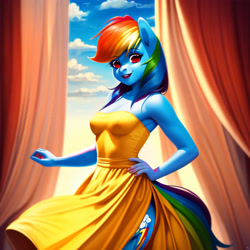 Size: 3072x3072 | Tagged: safe, imported from derpibooru, rainbow dash, anthro, ai content, ai generated, breasts, clothes, dress, female, generator:purplesmart.ai, generator:stable diffusion, hand on hip, no pupils, side slit, smiling, solo, strapless, strapless dress, yellow dress