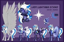 Size: 2298x1536 | Tagged: safe, artist:parrpitched, imported from derpibooru, oc, oc:lady lightning strike, pegasus, clothes, fireheart76's latex suit design, gloves, latex, latex gloves, latex maid, latex mask, latex suit, pegasus oc, prisoners of the moon, reference sheet, rubber, rubber suit