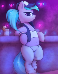 Size: 2350x3000 | Tagged: safe, artist:t72b, imported from derpibooru, azure velour, earth pony, pony, bedroom eyes, belly button, bipedal, bipedal leaning, clothes, drink, female, food, hat, high res, leaning, lemon, lights, looking at you, mare, raised hoof, solo