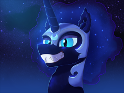 Size: 1470x1104 | Tagged: safe, artist:gosha305, imported from derpibooru, nightmare moon, alicorn, antagonist, bust, ear fluff, ethereal mane, fangs, female, flowing mane, gradient background, grin, helmet, horn, night, night sky, portrait, sky, smiling, solo, starry mane, stars, teeth