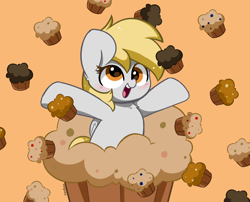 Size: 4288x3459 | Tagged: safe, artist:kittyrosie, imported from derpibooru, derpy hooves, pegasus, pony, brown background, cute, derpabetes, female, food, high res, mare, muffin, open mouth, redraw, simple background, solo, that pony sure does love muffins