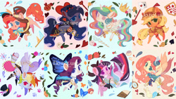 Size: 4160x2340 | Tagged: safe, artist:larix-u, imported from derpibooru, applejack, fluttershy, pinkie pie, princess celestia, princess luna, rainbow dash, rarity, twilight sparkle, alicorn, earth pony, pegasus, pony, rabbit, unicorn, alice in wonderland, animal, armor, butterfly wings, cat eyes, cheshire cat, clothes, commission, dress, female, glimmer wings, hat, helmet, knight, mad hatter, mane six, mare, no catchlights, obtrusive watermark, queen of hearts, royal sisters, siblings, sisters, slit pupils, tongue out, top hat, twilight sparkle (alicorn), watermark, white rabbit, wings