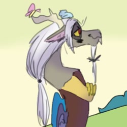 Size: 356x356 | Tagged: safe, artist:cocolove2176, imported from derpibooru, discord, draconequus, spoiler:g5comic, spoiler:g5comic10, antlers, beard, broken horn, cropped, crossed arms, facial hair, g5, horn, implied fluttershy, new hairstyle, old man discord, solo